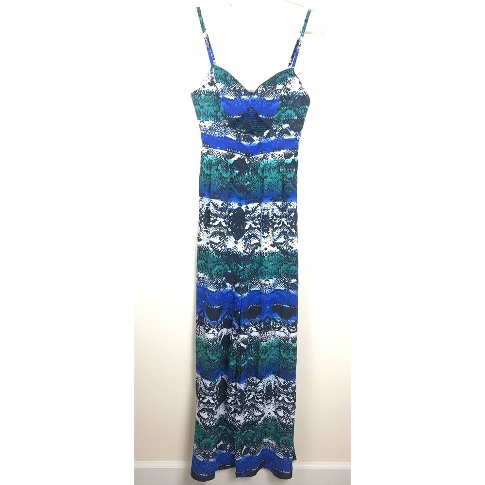 Bebe Jumpsuit Size Small Blue Crepe Wide Leg Halter Keyhole Open Front W/Pockets